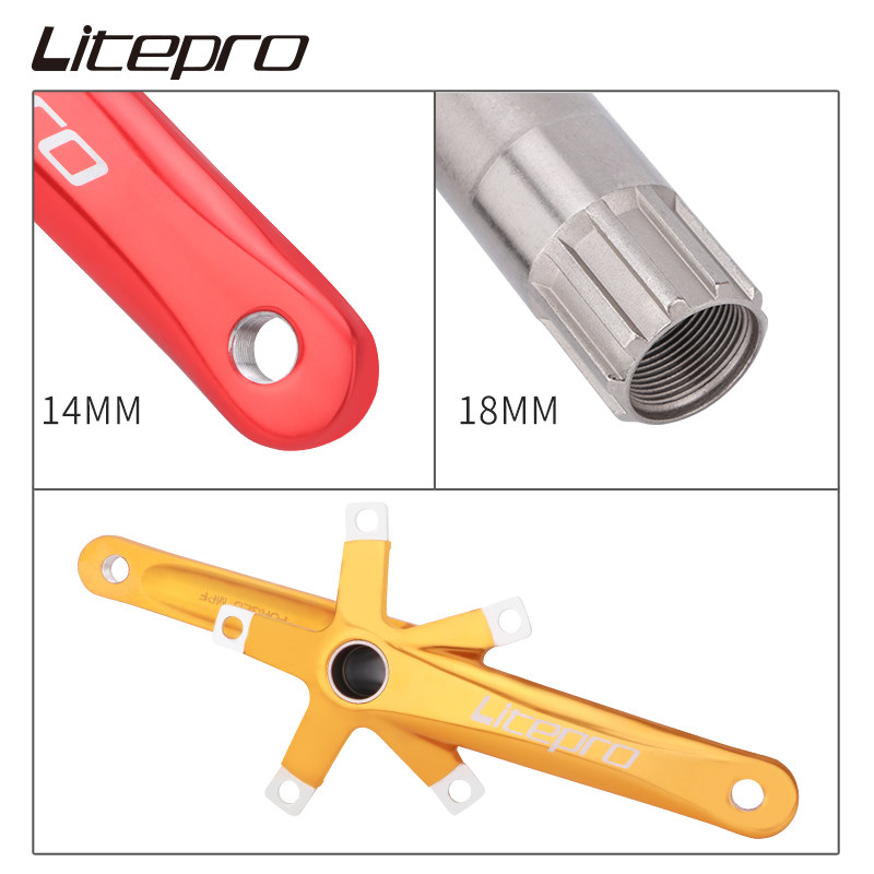 LITEPRO中空曲柄折叠车亮光金色自行车零件 一体式中空曲柄改装配