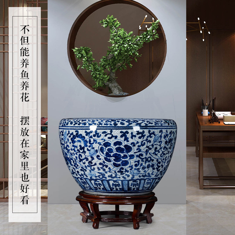 景德镇陶瓷鱼缸手绘青花瓷仿古养鱼盆圆形大号复古客厅摆件睡莲盆