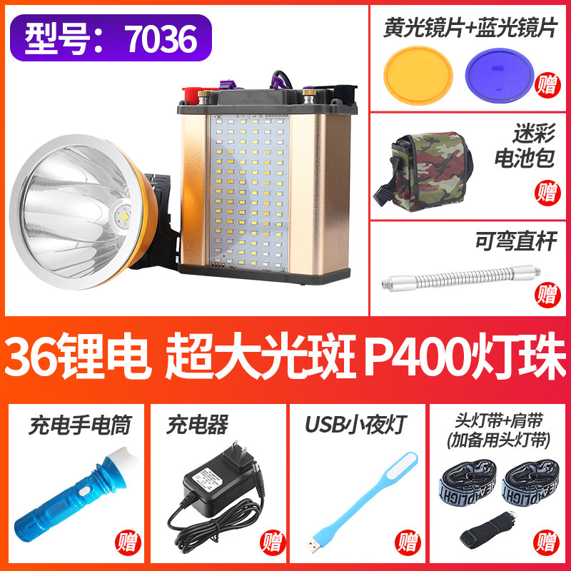 头灯强光充电超亮头戴式LED分体P900灯头12V远射疝气灯36锂电9核