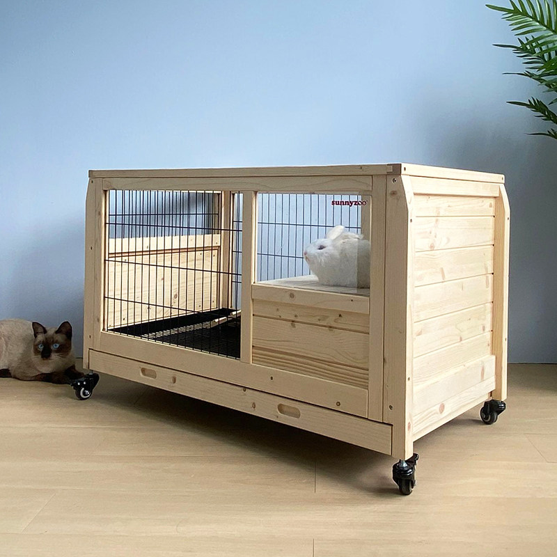 兔笼室内实木龙猫房刺猬笼荷兰猪笼豚鼠rabbit hutch滑轮兔子窝