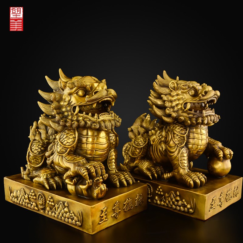 貔貅摆件招聚黄铜霸王皮丘公母一对财客厅家用办公室入户大号貔恘