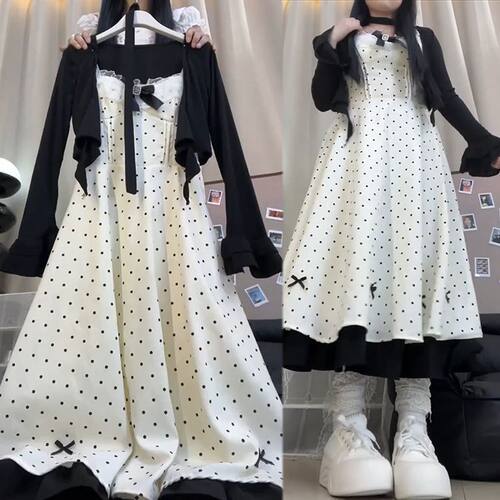 日系甜美温柔风千金蝴蝶结连衣裙套装女学生显瘦夏新款开衫两件套