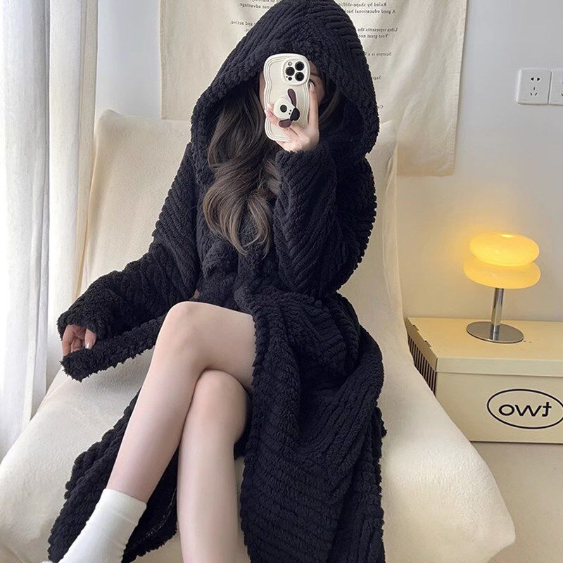 连帽睡袍女冬季长款加厚珊瑚绒浴衣浴袍2024新款黑色晨袍睡衣裙子