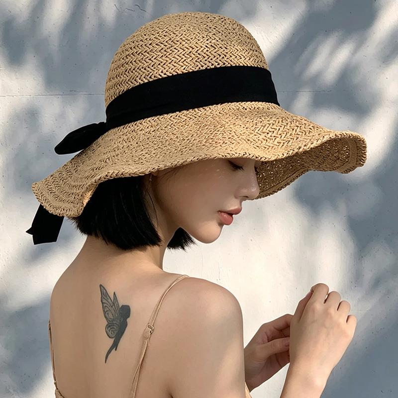 法式复古大帽檐草帽女夏季防晒帽遮阳渔夫帽百搭出游度假太阳凉帽