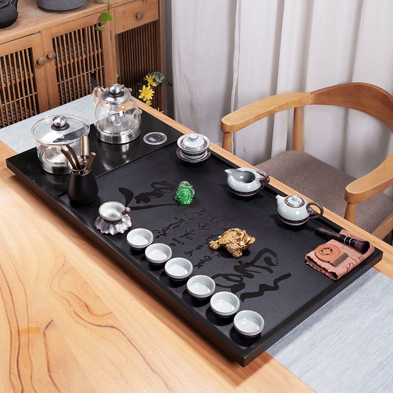 整块天然乌金石茶盘茶具套装全自动一体电磁炉烧水壶家用石头茶台