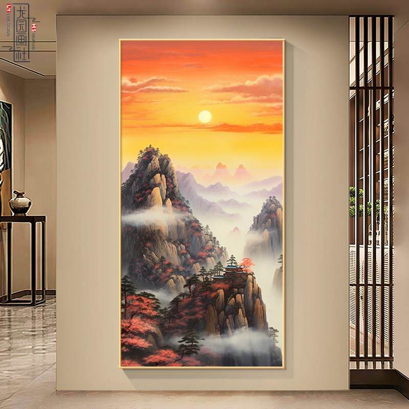 旭日东升装饰画客厅玄关东墙挂画新中式日出壁画靠山图山水风景画