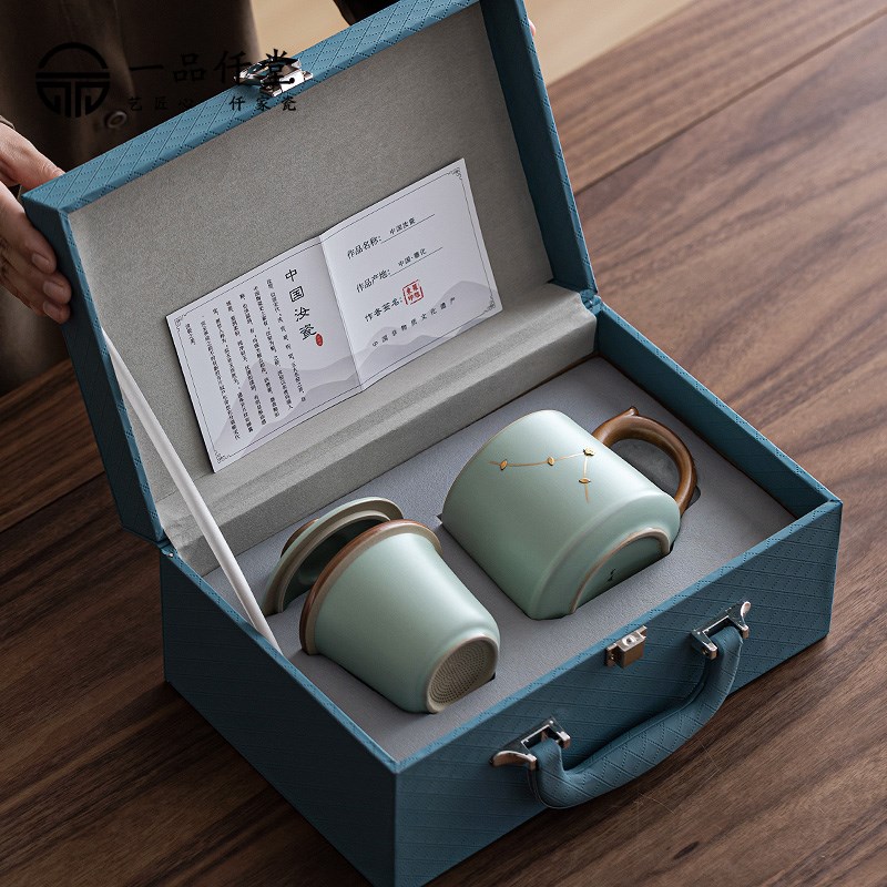 一品仟堂锔钉陶瓷马克杯带盖办公室喝水杯家用泡茶杯茶水分离杯子