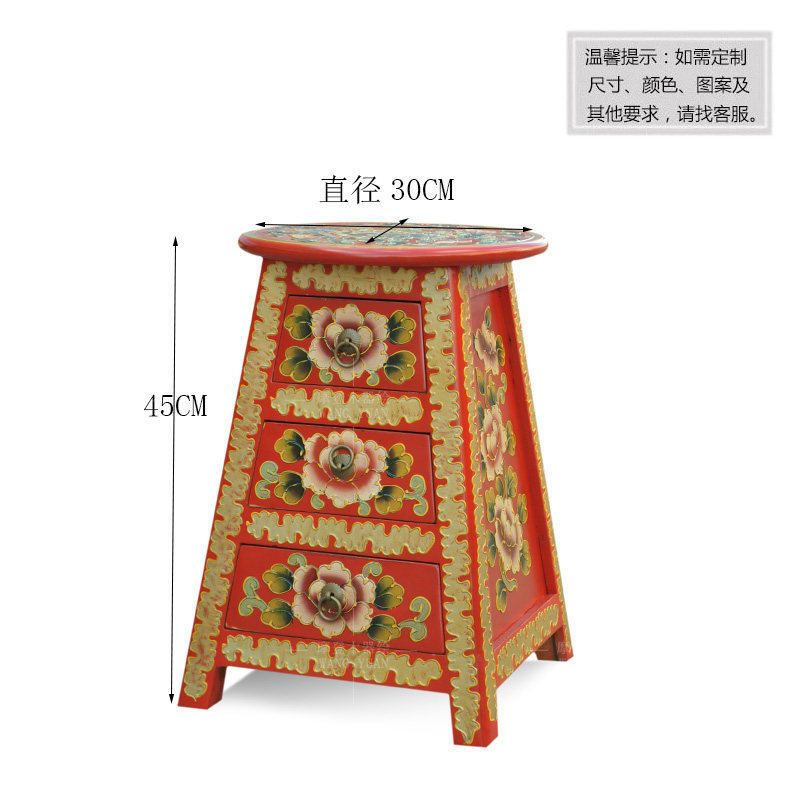 彩绘圆凳子中式换鞋凳门厅储物休闲小茶几新古典凳子实木手绘家具