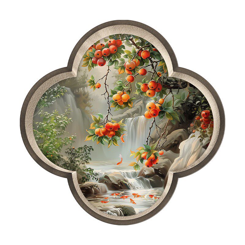 新中式多子多福玄关装饰画石榴梅花形茶室挂画流水生财入户壁画灯