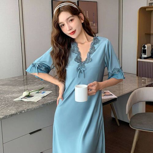 【下单立减50】H冰丝睡裙蕾丝睡衣女士家居服短袖大码睡裙NY062
