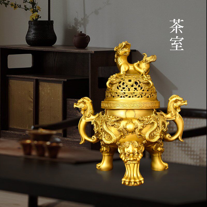 黄铜天狗炉摆件龙戏珠铜三足香炉大号家用室内香薰炉工艺品鼎炉