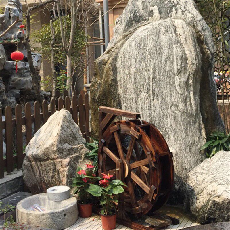防腐碳化木制水车流水摆件大中小型户外花园鱼池假山喷泉风水轮