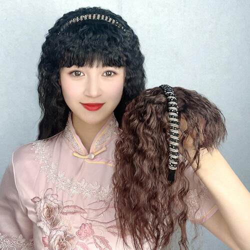 水钻发箍假发女头顶补发片增发遮白发一体式玉米烫蓬松隐形卷发片