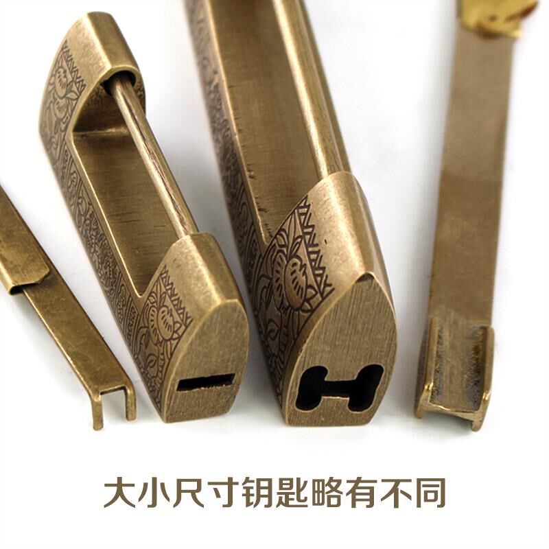 老式铜锁中式古代箱子锁插销锁纯黄铜小锁子横开挂锁通开古董锁头