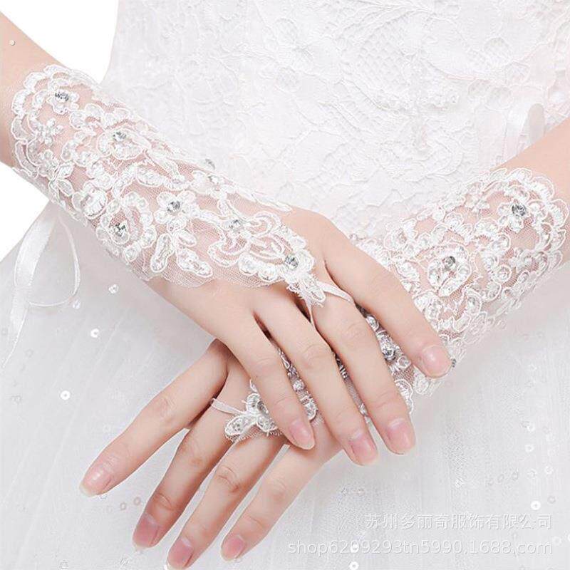 新娘礼服缎面勾指手套结婚蕾丝水钻珠绣串珠手套新款短款婚纱手套