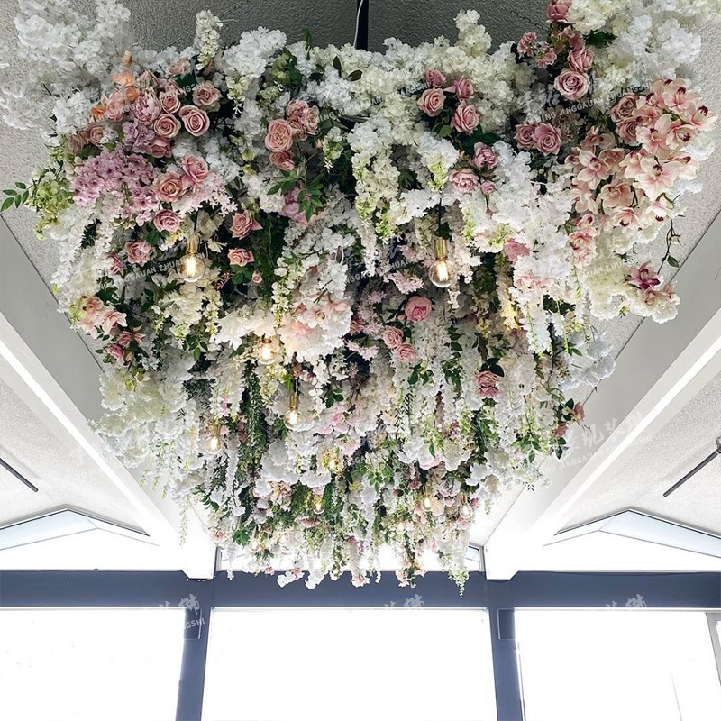 彷真绿植吊顶装饰餐厅植物吊顶天花板顶部假花遮丑商场棚顶花艺