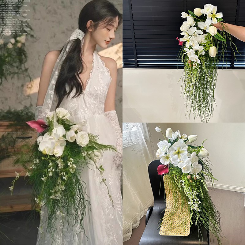 高级感水滴新娘白色瀑布仿真花影楼婚纱摄影拍照道具结婚手捧花