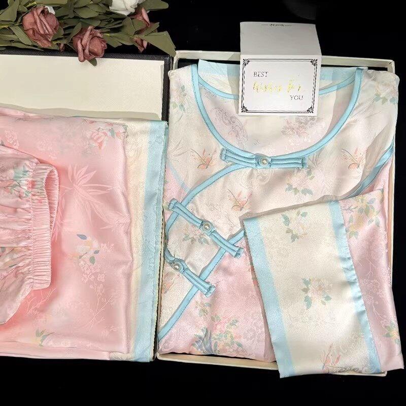 新中式睡衣女汉清冰丝家居服古代清朝中式宫廷风秋冬厚居家服套装