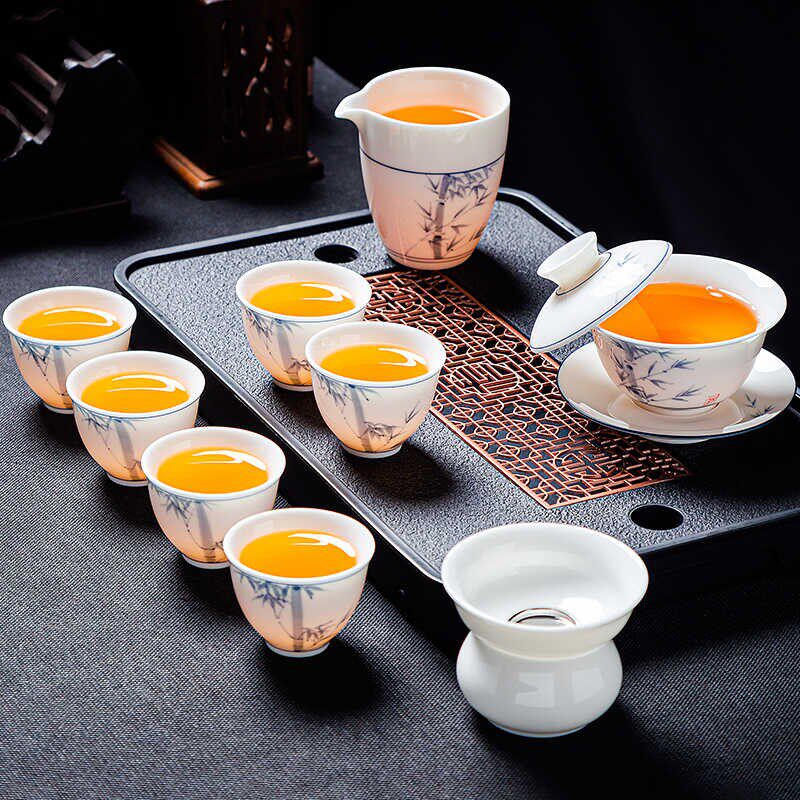 羊脂玉手绘三才盖碗茶杯陶瓷单个高档德化白瓷悬停泡茶碗茶具套装