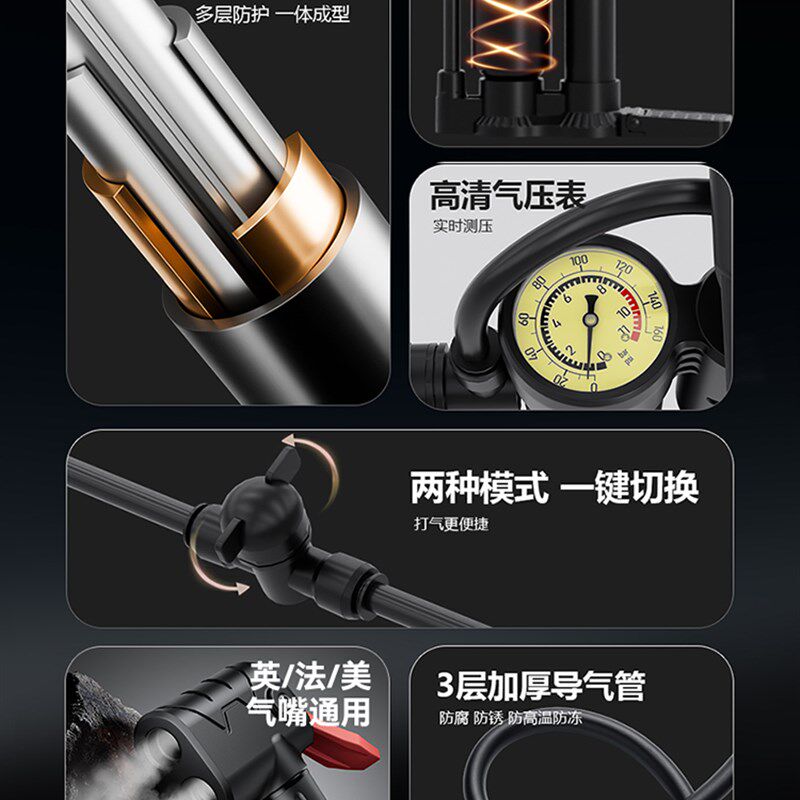 双管高压打气筒美法聪明嘴爆冲气管子自行车电动汽车家用充气泵筒