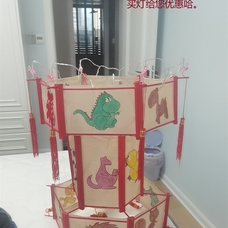 三层宫灯手工灯笼材料包 布+实木 12生肖六角 元宵 兔子灯猪灯DIY