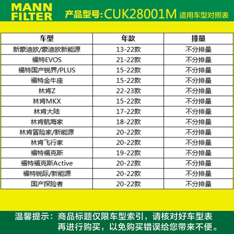 曼牌空调滤芯CUK28001M适用锐界蒙迪欧福克福睿斯翼虎航海飞行家