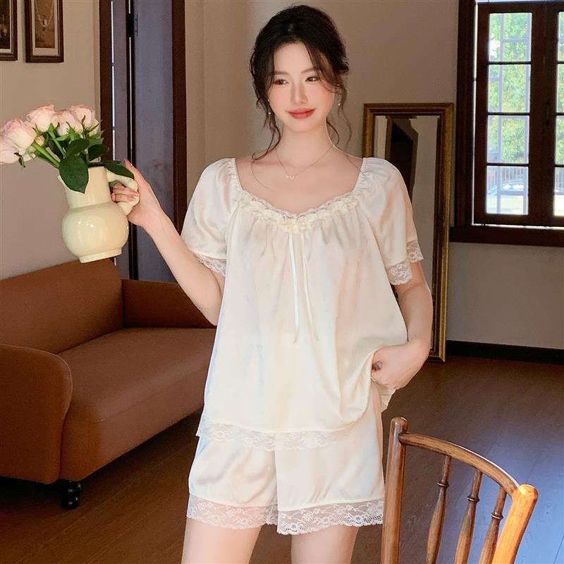 女士冰丝缎面睡衣女高级感2026新款蕾丝女款短袖短裤家居服套装夏