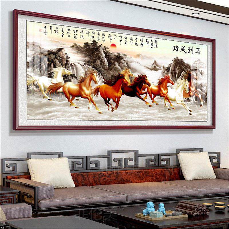 八骏图客厅挂画马到成功装饰画骏马办公室字画茶室沙发背景墙国画