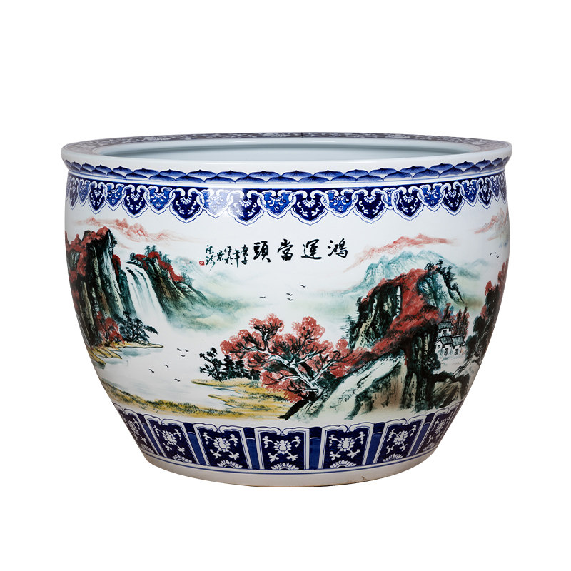 陶瓷大缸青花瓷手绘鸿运当头庭院客厅别墅公司荷花睡莲乌龟养鱼缸