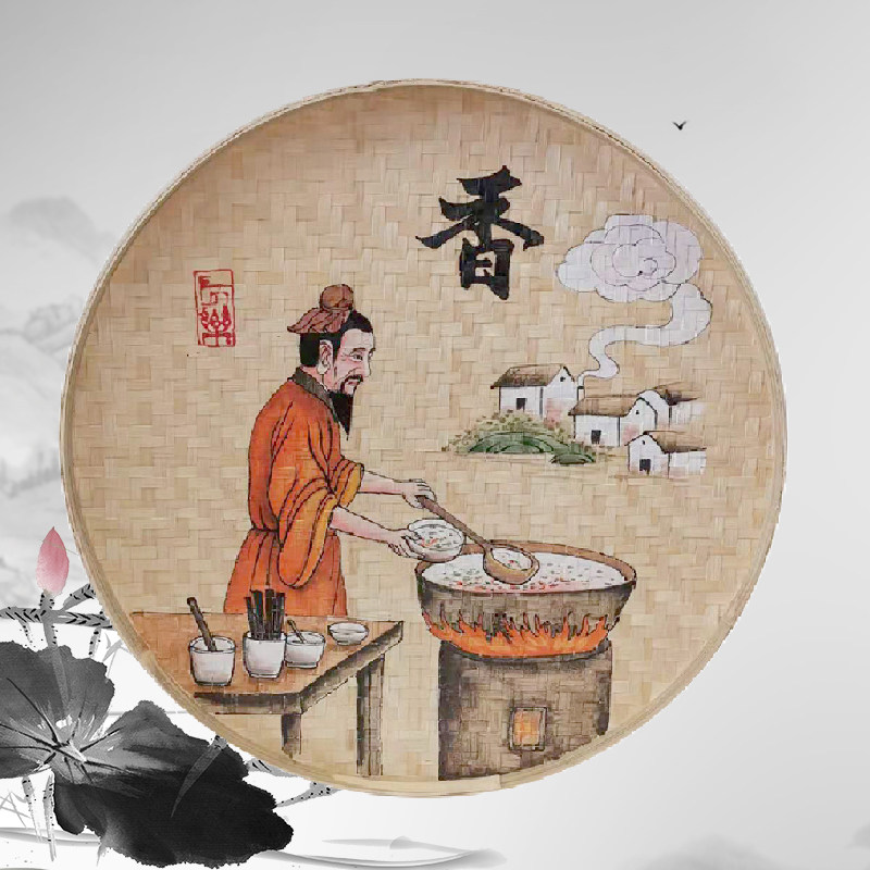 手绘竹编簸箕画创意墙面装饰饭店农家乐圆形墙饰茶室墙壁挂饰挂件