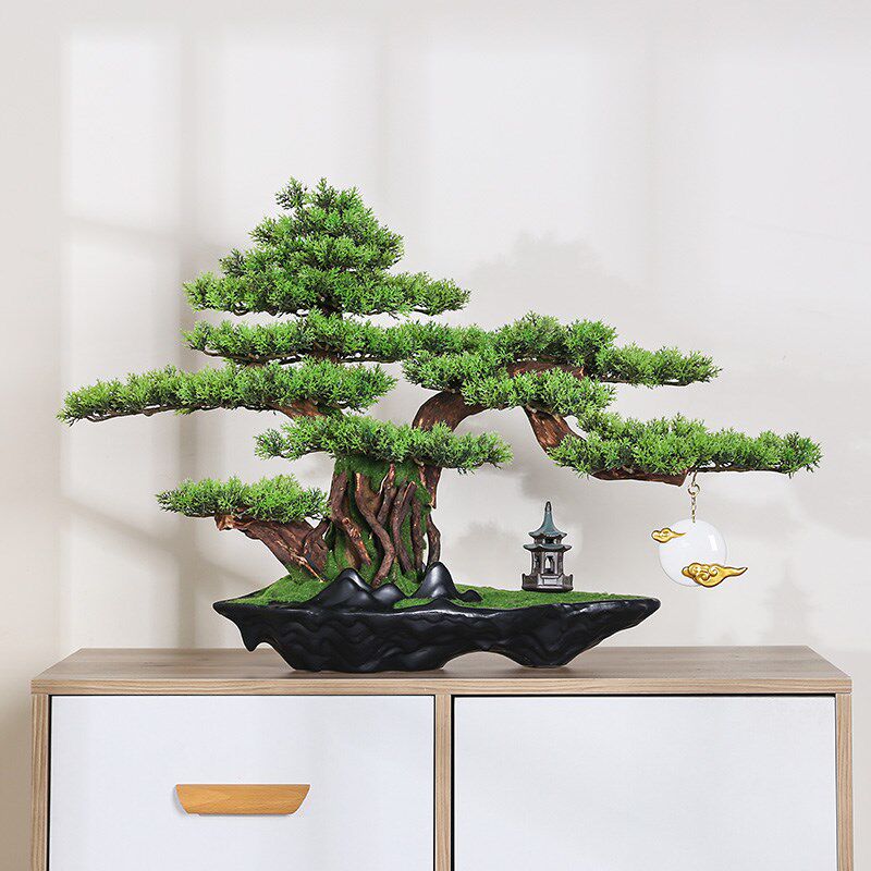 迎客松盆景新中式仿真松树摆件入户玄关桌客厅柜子办公室软装饰品