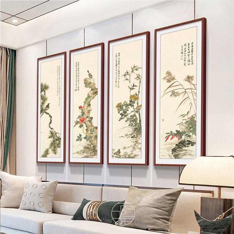 梅兰竹菊新中式客厅四联装饰画春夏秋冬水墨画茶室茶桌背景墙挂画
