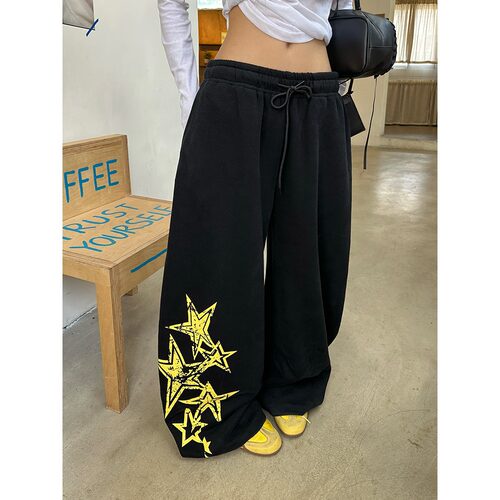 EAHO 美式慵懒风星星印花抽绳阔腿卫裤男女休闲垂感百搭拖地长裤