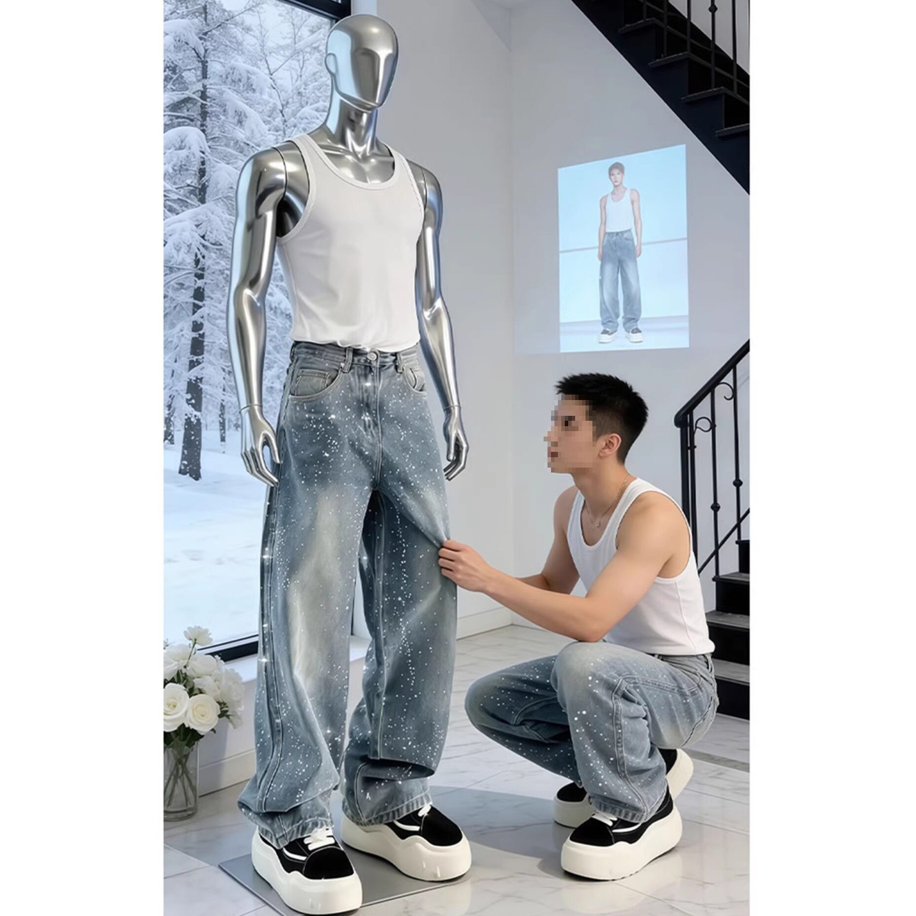 美式高街烫钻牛仔裤男款高级感满天星阔腿裤子潮牌痞帅炸街直筒裤图片