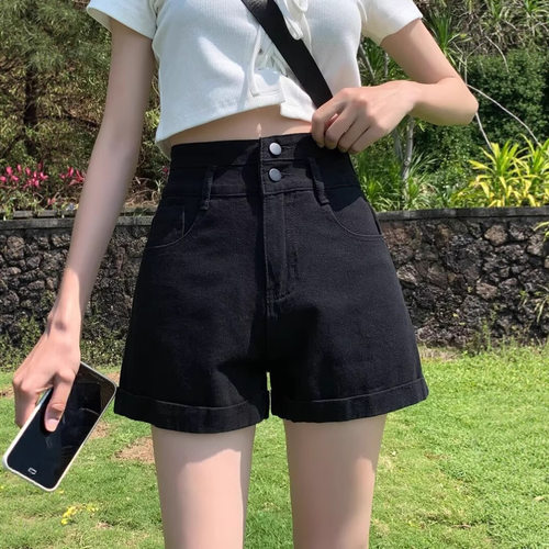 高腰卷边牛仔短裤女夏季2025年新款宽松显瘦阔腿a字百搭黑色裤子