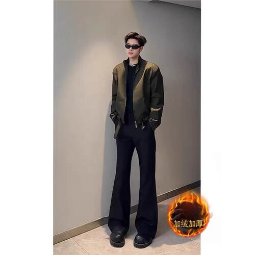 加绒加厚517马吉拉西裤男秋冬修身显瘦弯刀微喇裤弹力垂感直筒裤