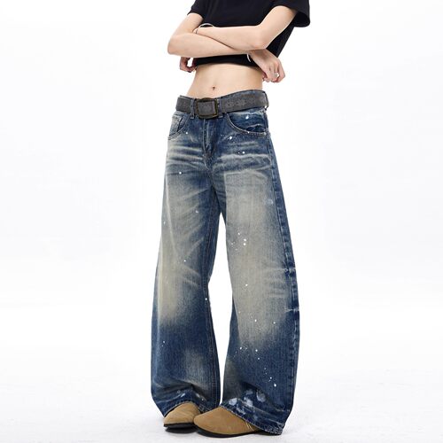 美式复古泼墨弯刀牛仔裤男女春秋季新款潮牌宽松百搭阔腿拖地长裤