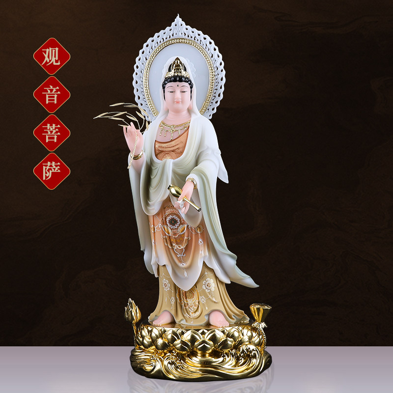 汉白玉古彩西方三圣家用佛像摆件站像阿弥陀佛观音菩萨大势至菩萨