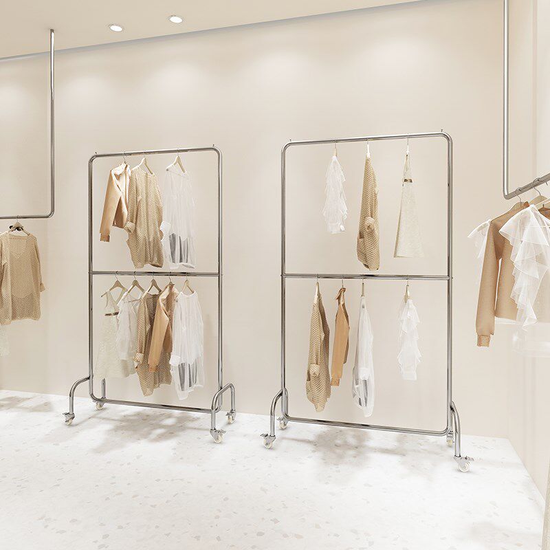 服装店展示架不锈钢双层挂衣杆女装店落地式银色带轮子衣服货架