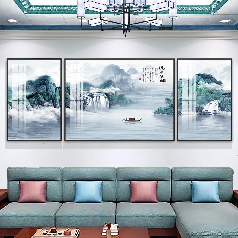 新中式客厅三联装饰画简约大气沙发背景墙壁画办公室山水风景挂画