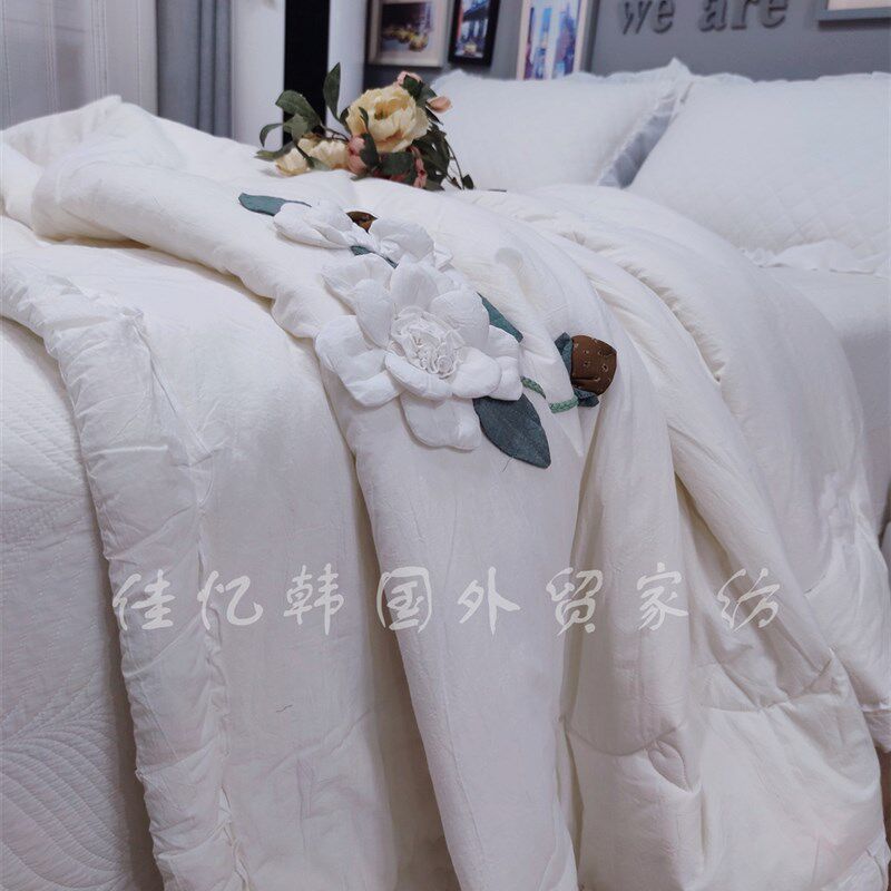 韩式纯棉柔软手工立体盘花菲边绗缝可机洗双人空调被春秋被盖被