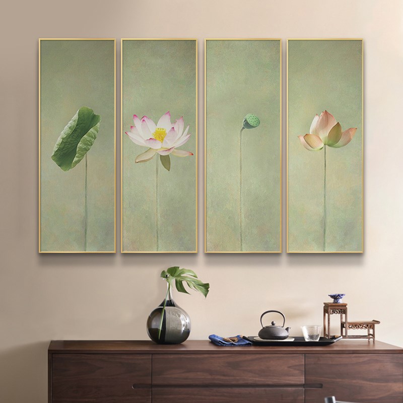 禅意荷花新中式客厅装饰画花鸟四条屏挂画入户玄关沙发背景墙壁画