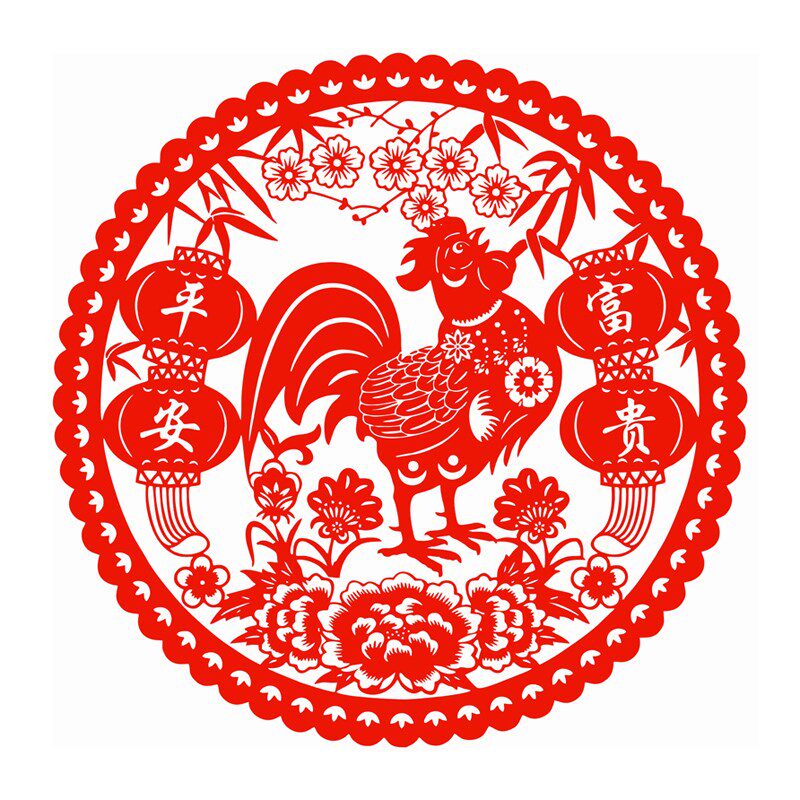 生肖鸡窗花富贵平安静电贴纸剪纸玻璃门贴春节新年双面红色水贴