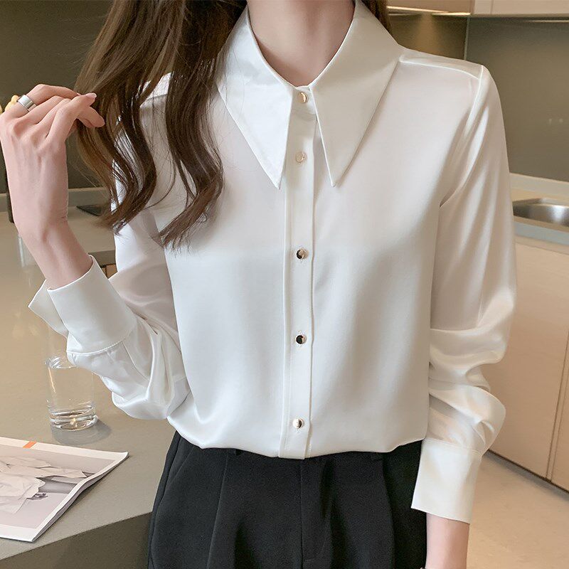 缎面衬衫女秋冬2024新款高级感OL气质职业白衬衣加绒加厚打底上衣