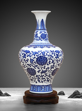 景德镇陶瓷器仿古青花瓶家居装饰缠枝莲藏草瓶客厅玄关博古架摆件