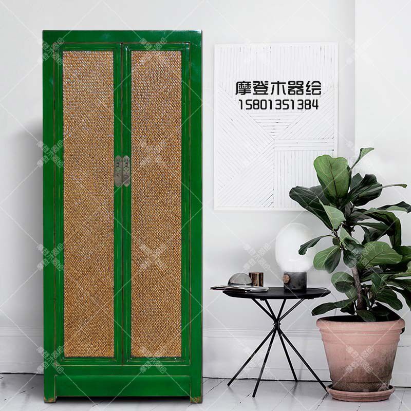彩绘绿色席面立柜中式仿古二门柜简约衣柜衣橱鞋柜古典实木家具图片