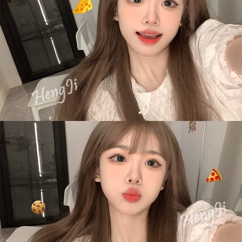 哼唧假发女长发一刀切棕色长直发圆脸lolita自然全头套黑长直假发