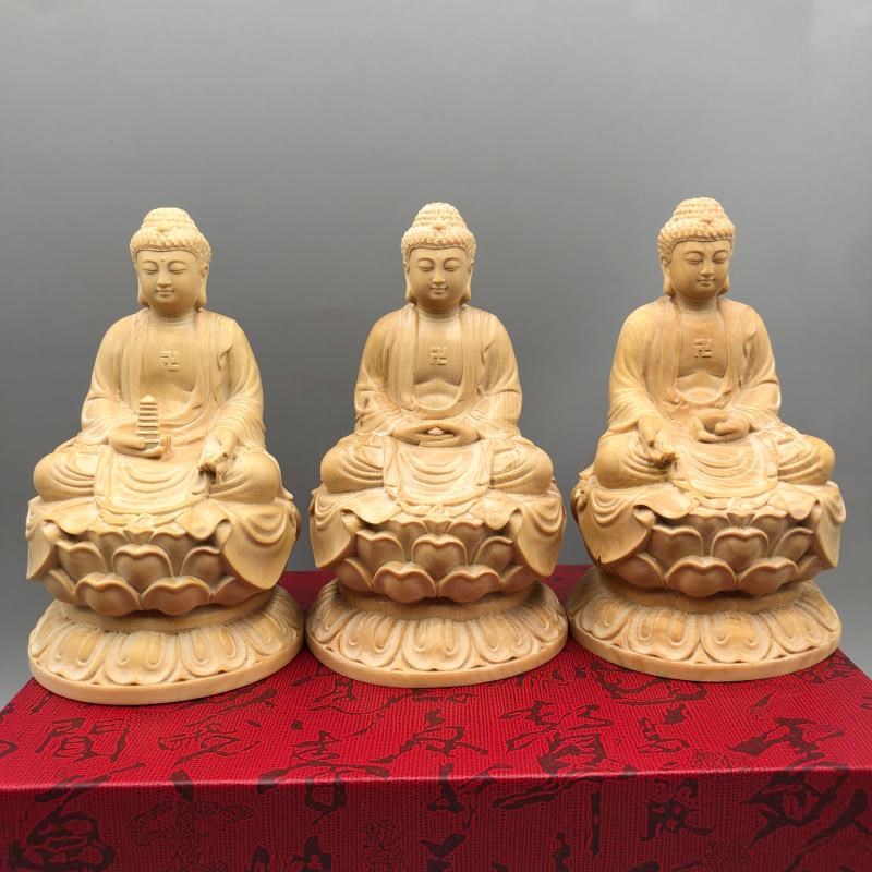 黄杨木雕三宝佛横三世佛像东方琉璃药师佛释迦摩尼佛西方阿弥陀佛