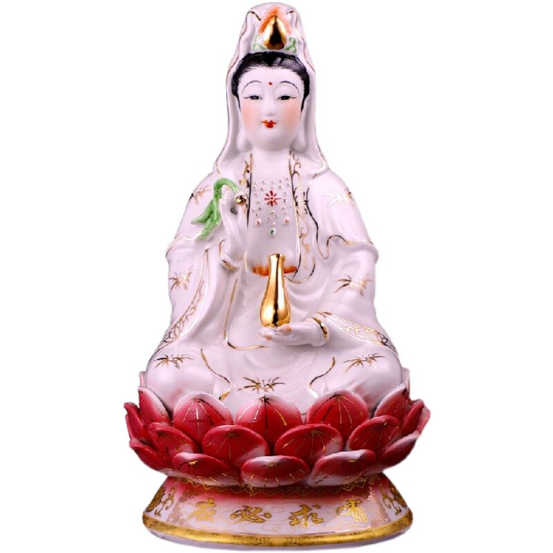 金玉白玉陶瓷观音佛像供奉家用金身宝珠坐莲彩绘菩萨红衣白瓷