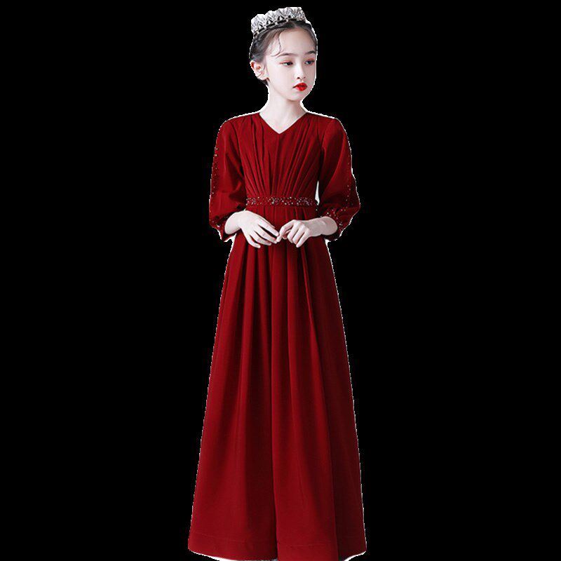 新款长袖女童大小提琴钢琴演出晚礼服中大童演唱主持公主裙表演服